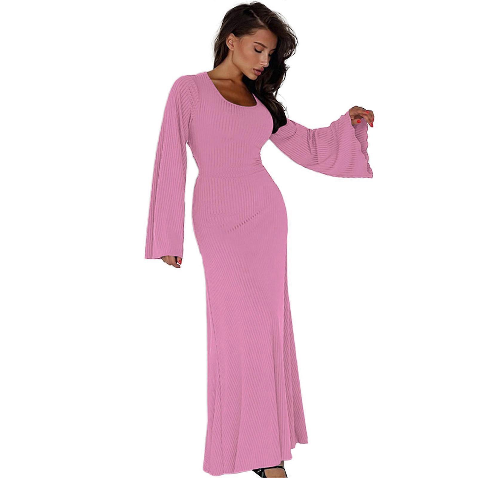 Women Casual Lounge Slip Long Dress Long Sleeve Bodycon Maxi Dresses Sexy Slim Fitted Long Dress Pencil Dress Streetwear Pink S
