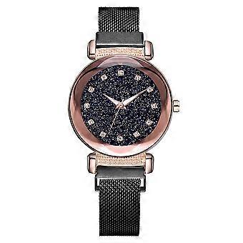 Mode Legierung Armband Runde Zifferblatt Uhr Frauen Casual Quarz Magnet Uhr (Schwarz)