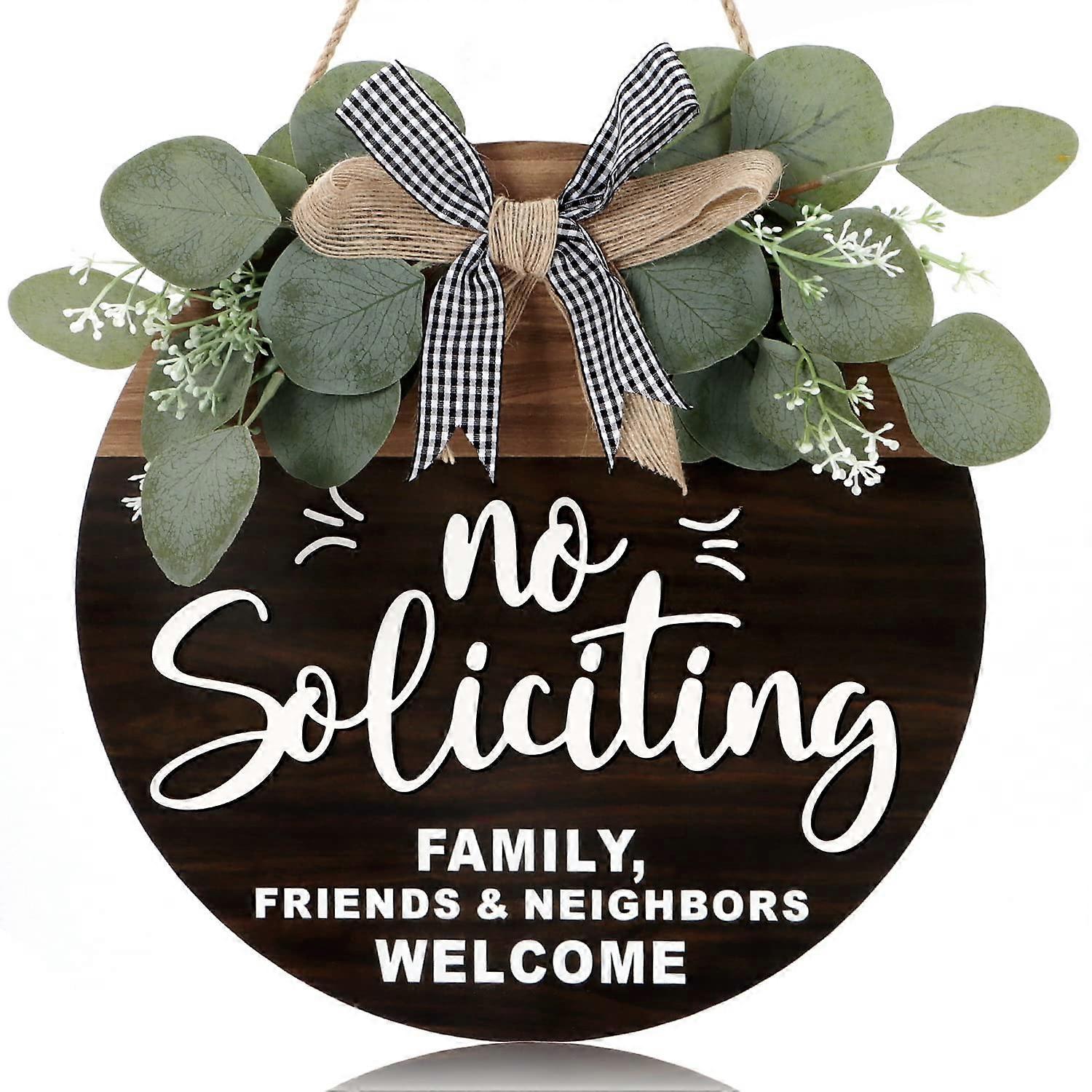 3D No Soliciting Front Door Hanging Sign 11.42 X 11.42 Inches With Wreath Bow Eucalyptus Leaves Rustic Welcome