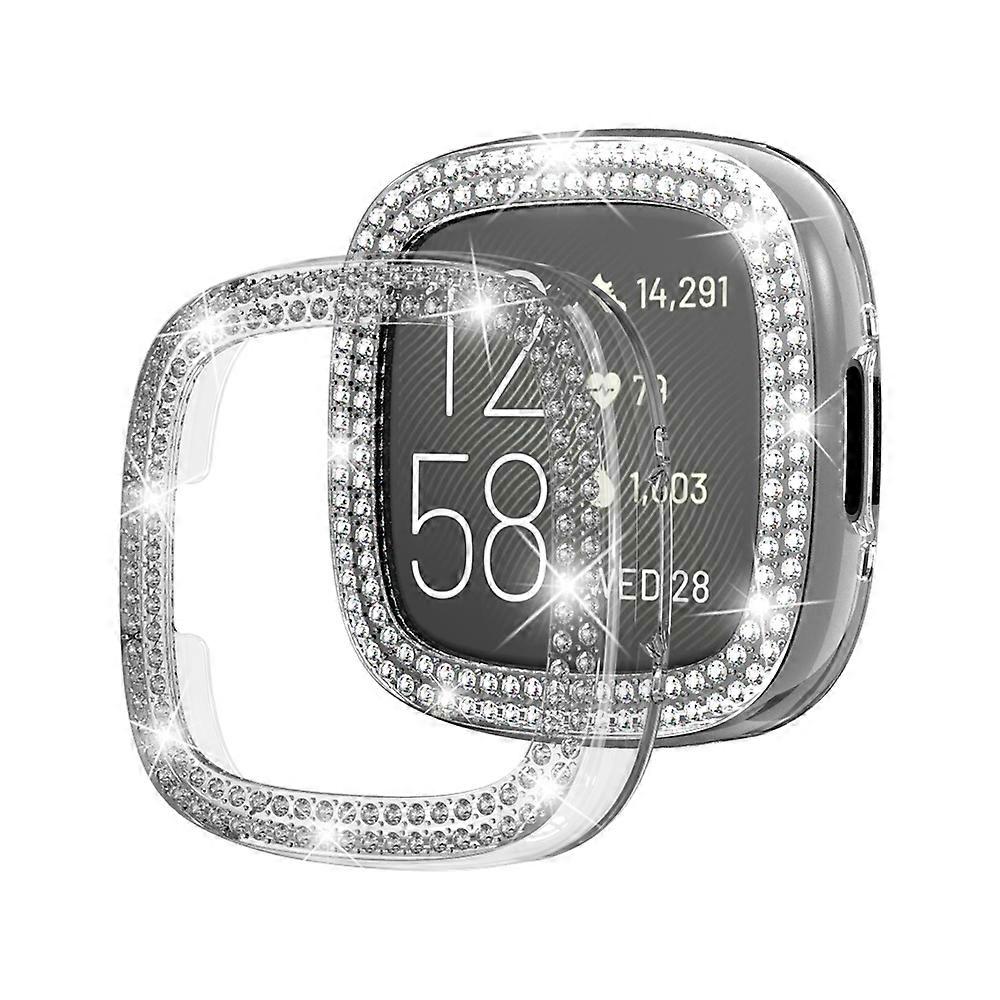 For Fitbit Versa 4 Double-Row Diamond Solid Color Electroplating Hollowed Watch Case