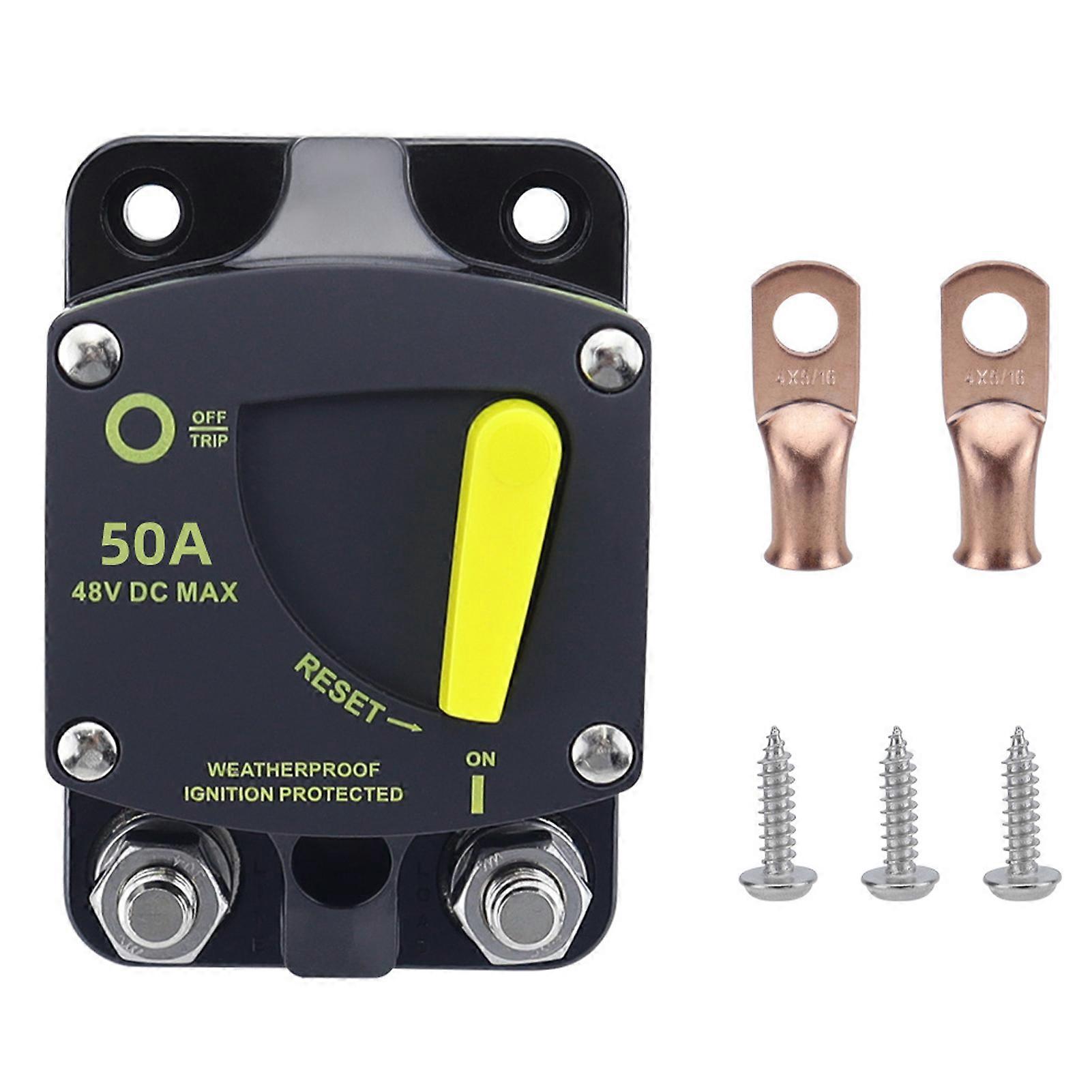50A Marine 12V-48V Boat Circuit Breaker Reset Manually Waterproof Protection for Automobiles, RVs, Yachts, Ships Power Systems Stud Size 5/16"-18