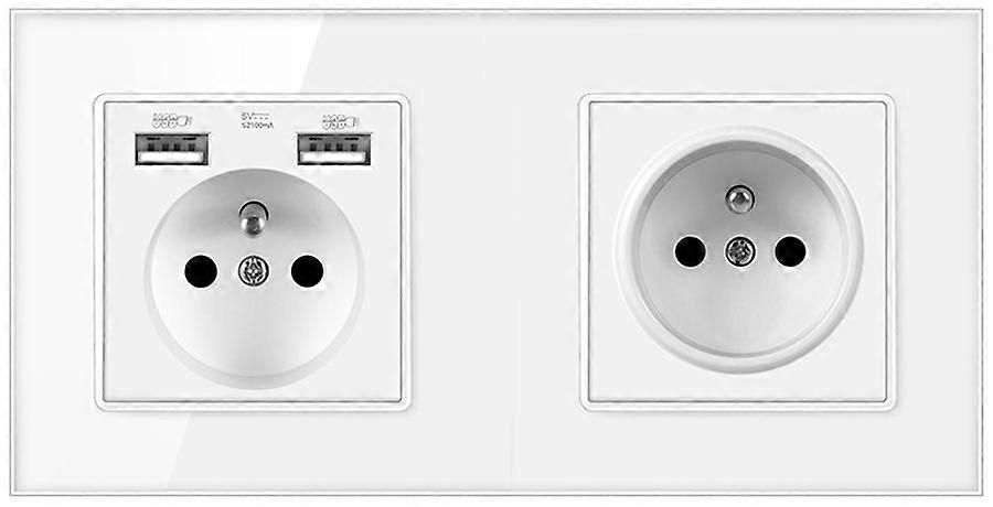 Eu Plug Electrical Double Outlets 16A 250V + 2 USB Wall Power 2-Socket White Glass Panel French Sockets