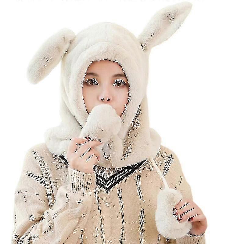 Plush Rabbit Ears Cap Headgear Thermal Bib Movable Rabbit Ears Hat Windproof