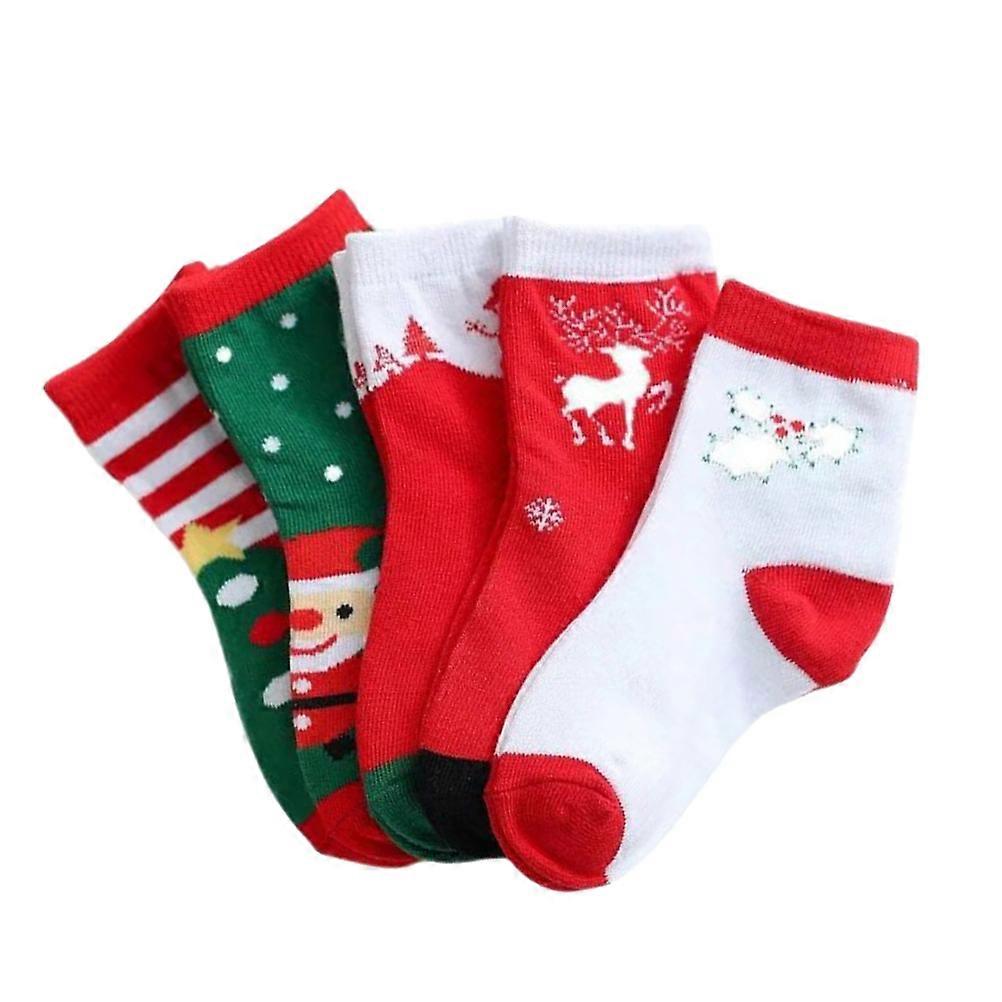 Winter Socks Comfortable Wearing Christmas Celebration Cartoon Pattern Cotton Socks for 7-13 Years Old Non-Slip Sole 5 Pairs