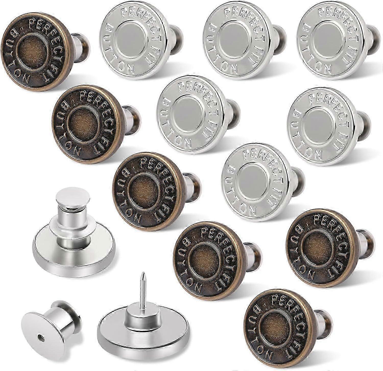 12 Sets Button Pins for Loose Jeans, No Sew and No Tools Instant Replacement Snap Tack Pant Button, Reusable and Adjustable Metal Pants Tightener