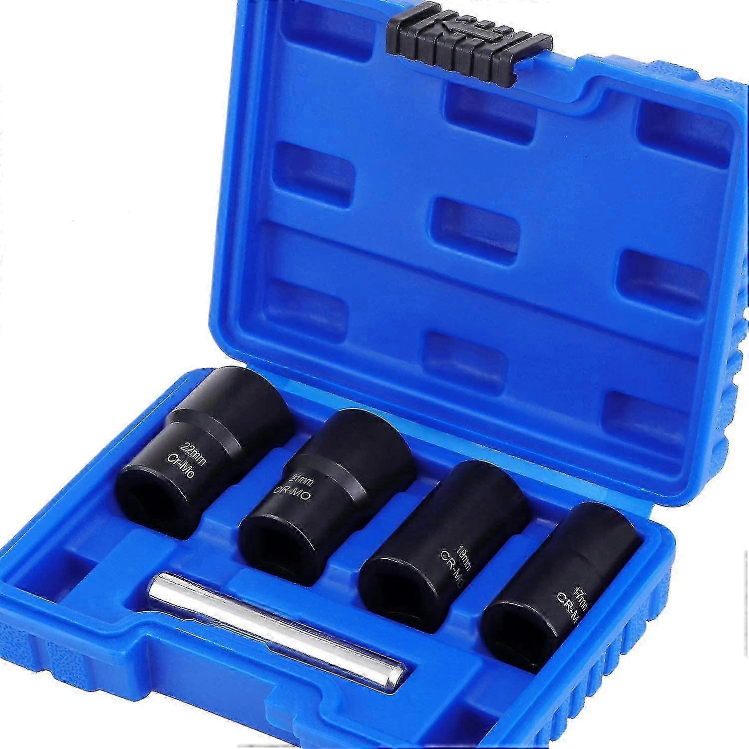 Set of 1/2" torque sockets for removing damaged wheel nuts, 17mm, 19mm, 21mm and 22mm