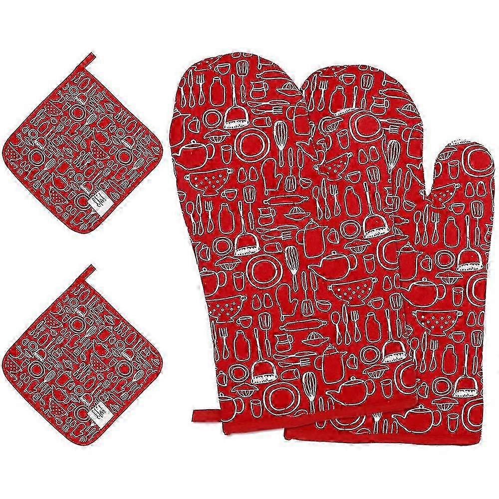 2pcs Red Oven Gloves With 2 Disc Pads Baking Gloves Universal Size