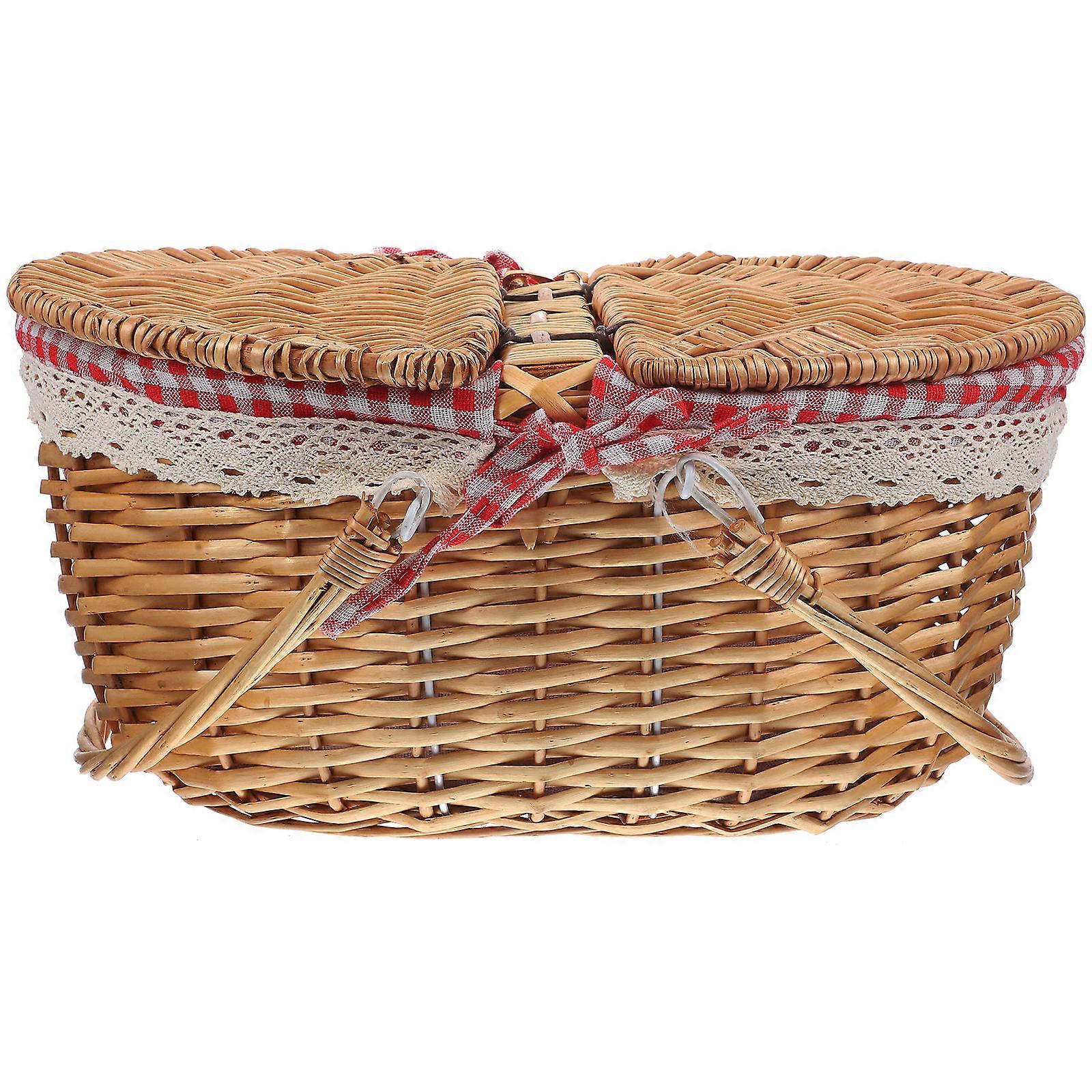 Wicker Picnic Basket with Handles and Lid Rustic Storage 2pcs