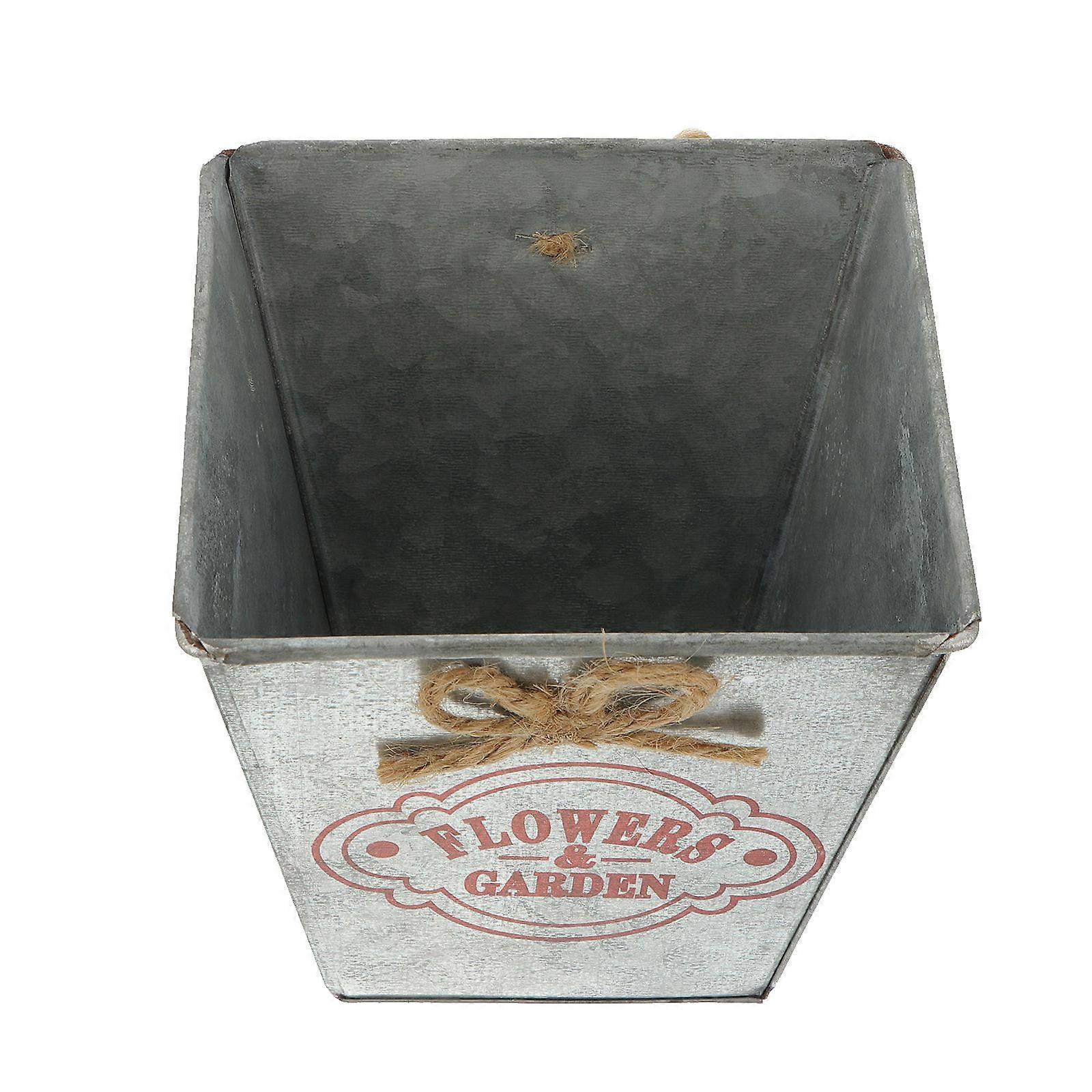 Rustic Iron Flower Bucket with Hemp Rope Handles for Home Use Silver Color