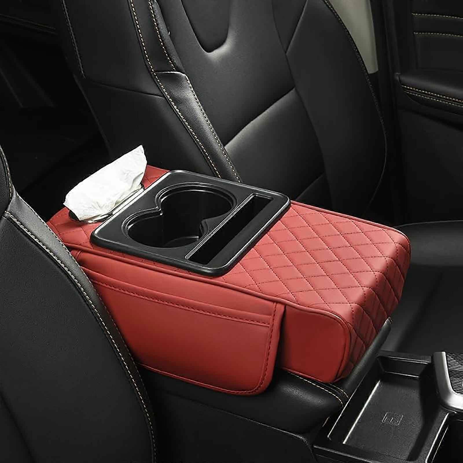 Car Armrest Pad for Hyundai IX35 LM IX35 2010-2019, Center Console Storage Box With 2 Cup Holders and Tissue Box, G/Red