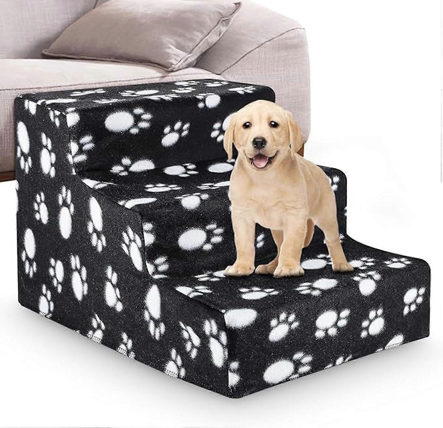 Pet Stairs Dog Stairs 3 Steps, High Density Sponge Cat Stairs for Bed, Sofa, and Car - Washable Black Ramp