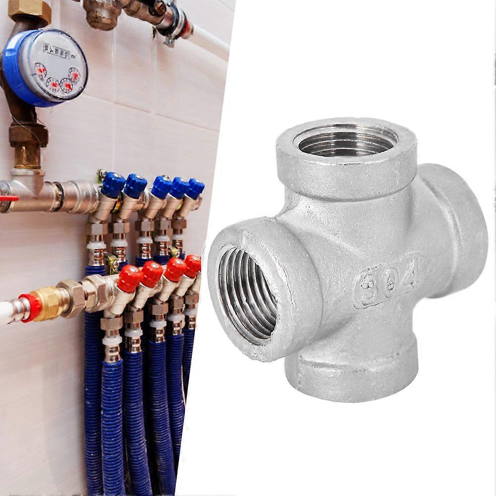 Stainless Steel 4-Way Threaded Pipe Connector Adapter with G1/2" Female Thread