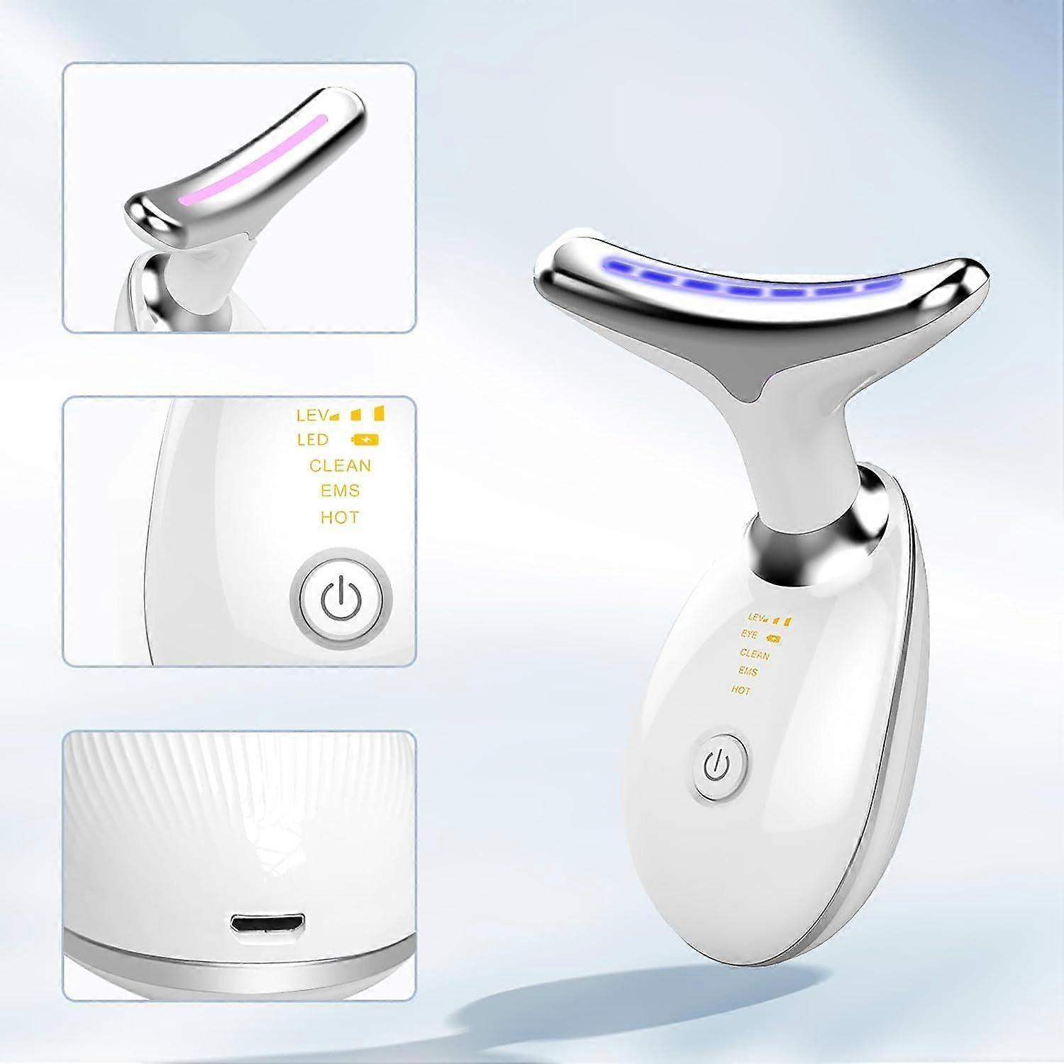 Vibration Face and Neck Beauty Device - 7-Color Light Mode Triple-Action Skincare Tool for Daily Beauty, Tightening, Smoothing, and Rejuvenation - Wh
