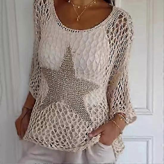 Häkeln Netztop Aushöhlen Stern Print Pullover Rundhalsausschnitt Langarm Pullover