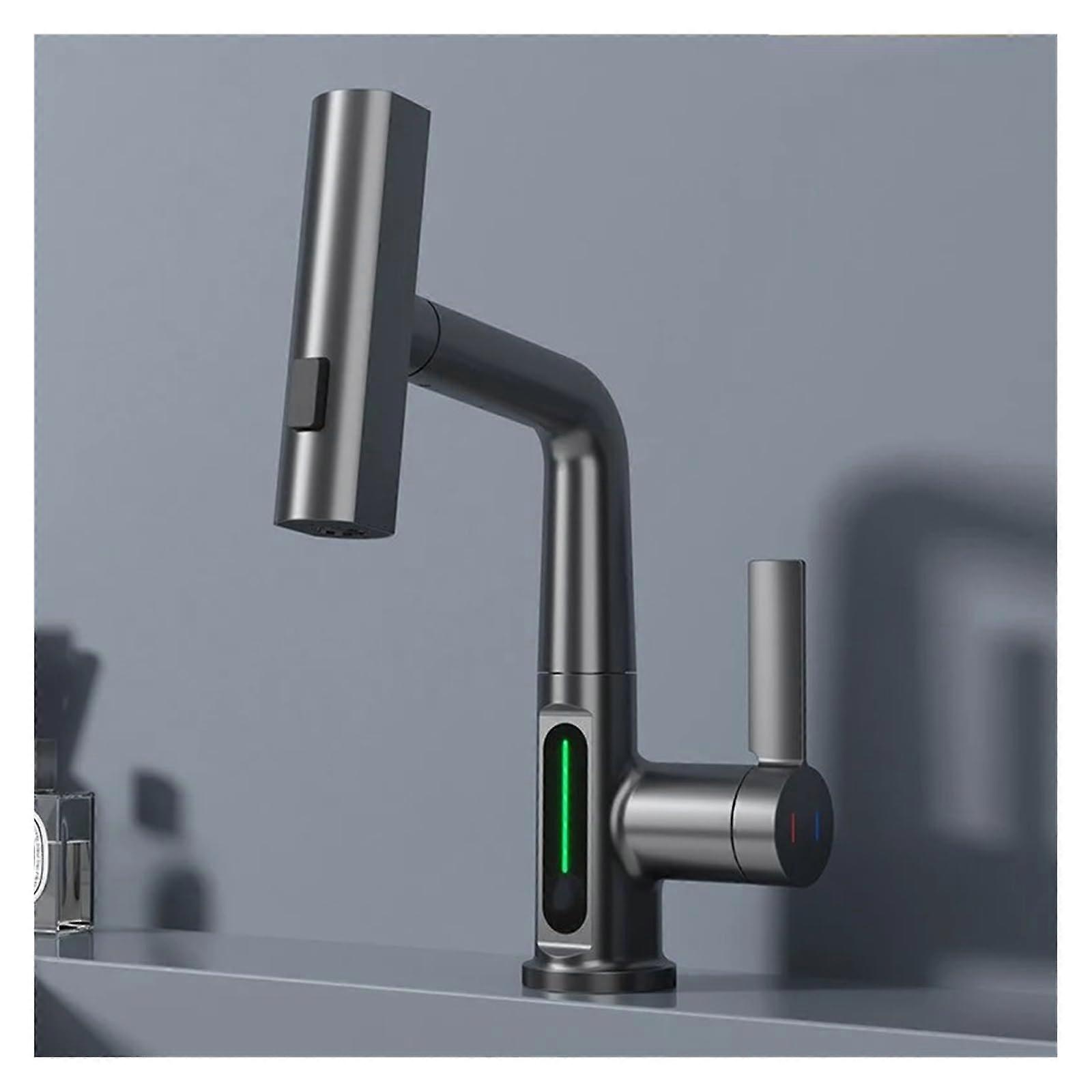 Temperature Display Black Basin Faucet CA, 360Degree Rotation, Hot And Cold Deck Mounted PullOut Tap, Easy Install