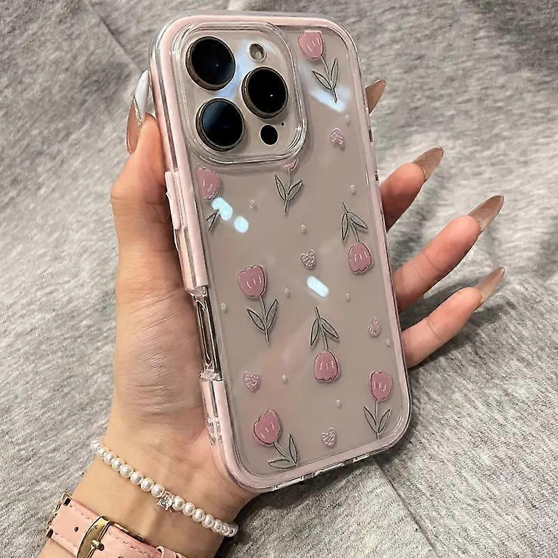 Pink tulip rainbow transparent phone case, simple design Applicable to 17/16/16 Plus/16 Pro/16 Pro Max/15/15 Plus/15 Pro/15 Pro