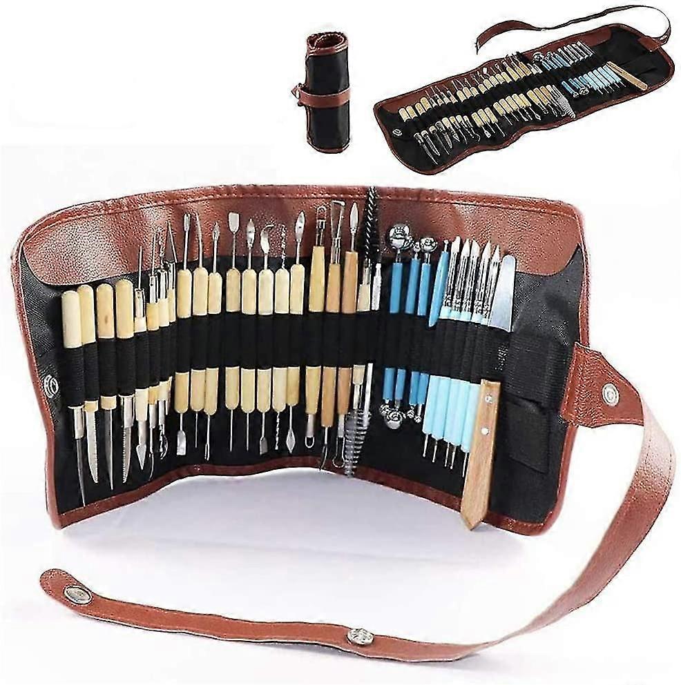 31 Pieces Carving Tools Set With Roll Up Case, Wooden Pottery Sculpting Tools 22 Pieces + Ceramic Clay Indentation Tools 5 Pieces + Double Ended Metal