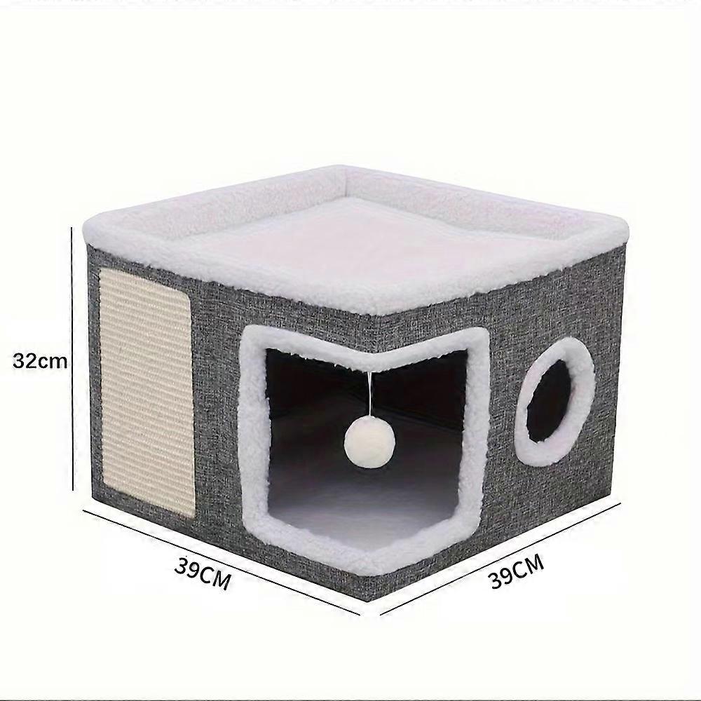 4-Season Multi-Level Cat House - Indoor  Foldable Design, Scratching Board & Non-Slip Base 30LB Capacity, Warm Cat Bed Cat Cave