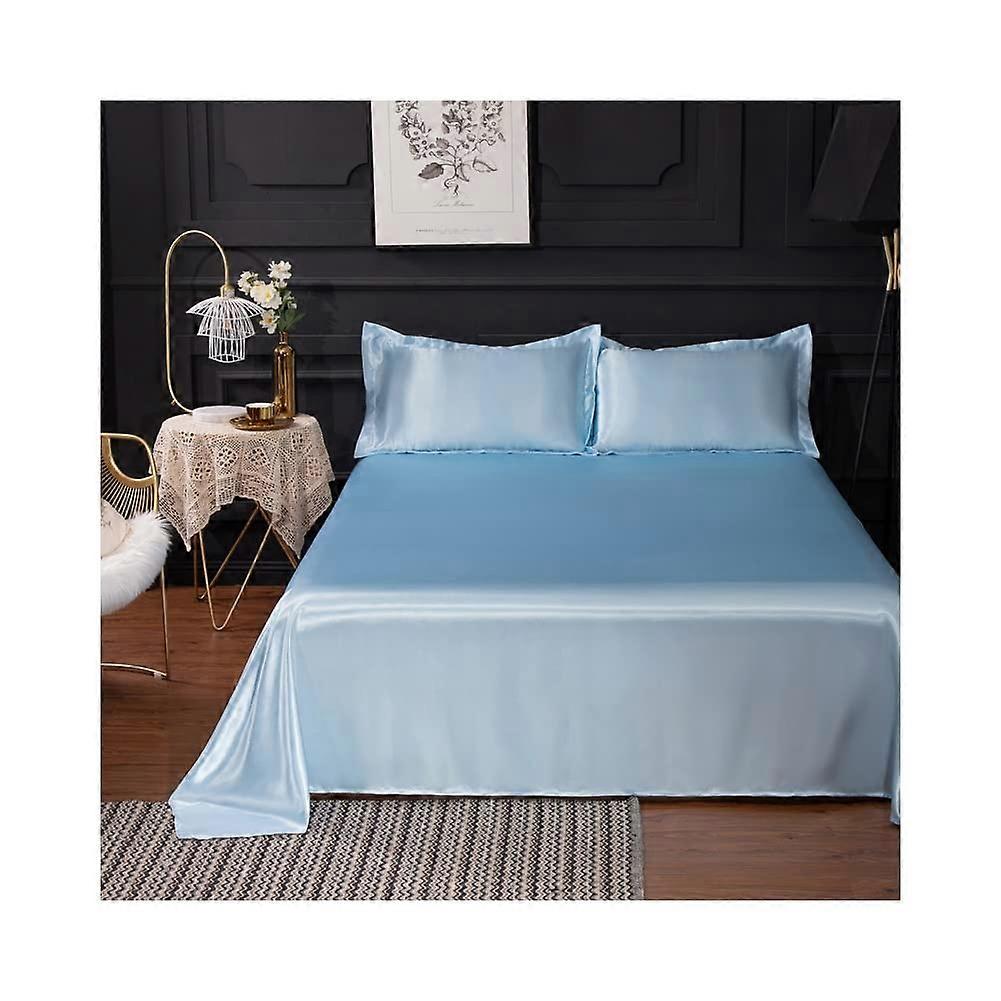 Luxurious Satin Flat Sheet Ice Silk Material Blue 230X250cm For Single, Double Or King Size Beds Glossy Finish