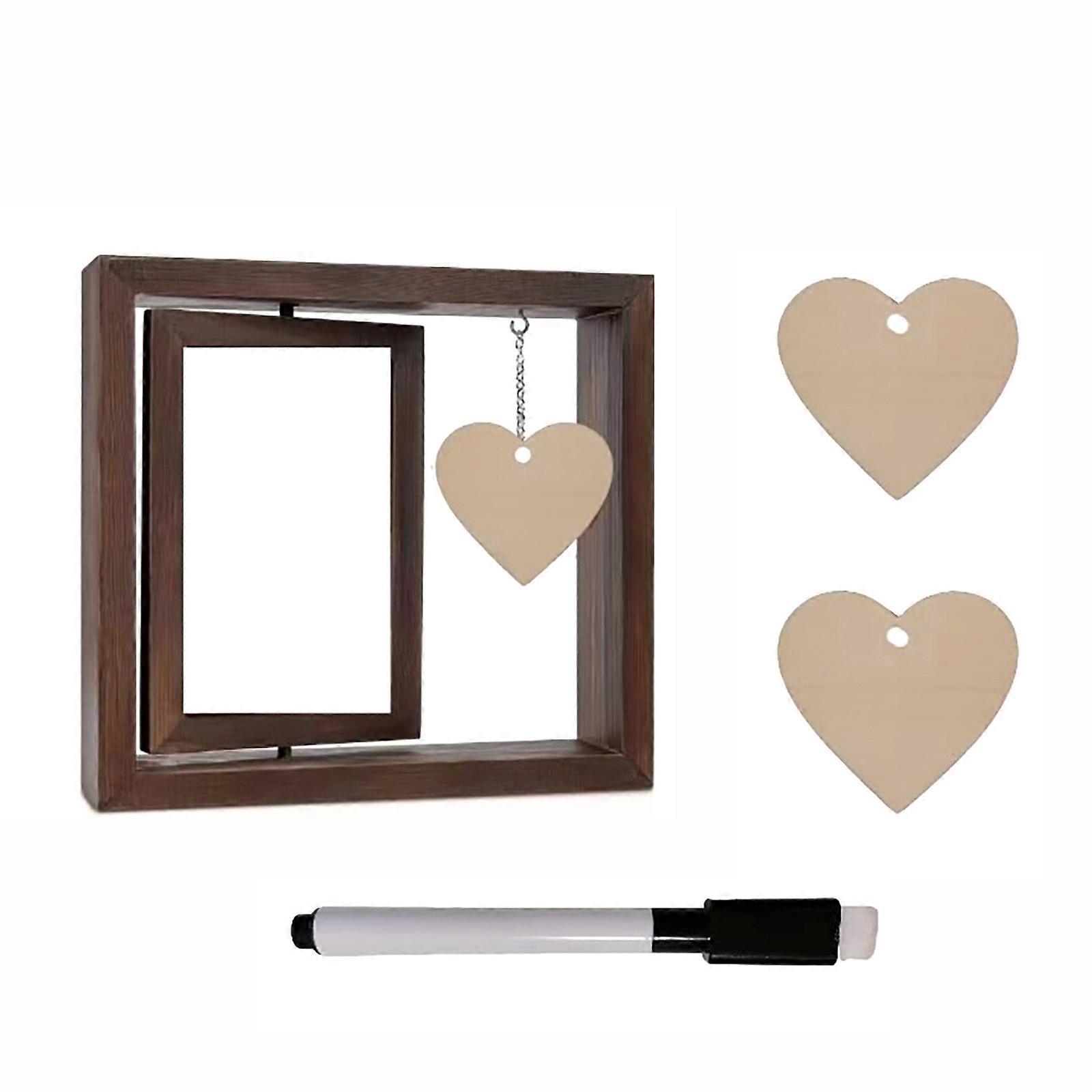 Photo Frame Double Sided Rotating Wood Picture Frame with Personalizing Heart Pendant Gift Photo Frame for Couple Friend Multicolor