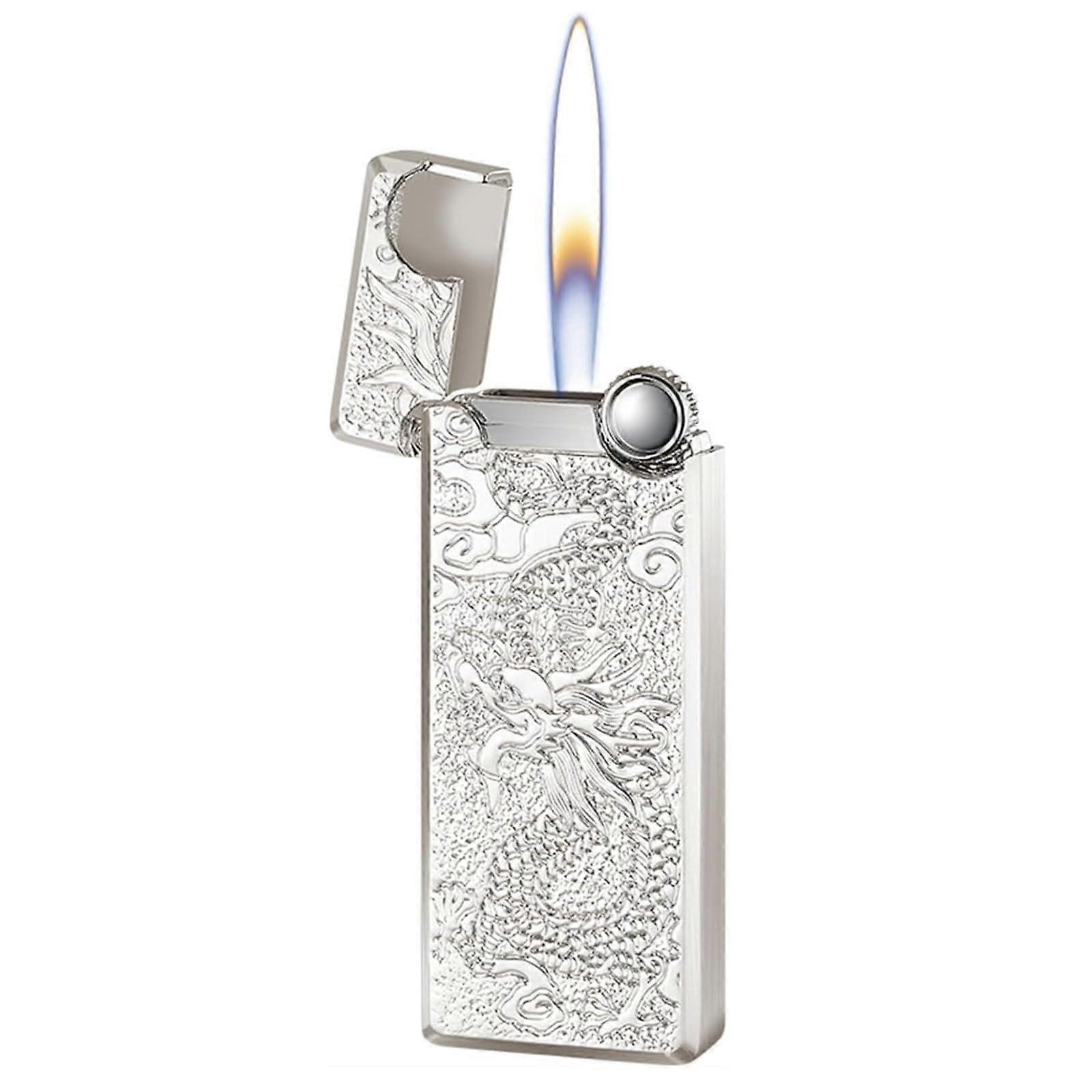 Butane Lighter Antique Metal Embossed Old Style Grinding Wheel Open Flame Windproof Adjustable Flame Refillable Silver