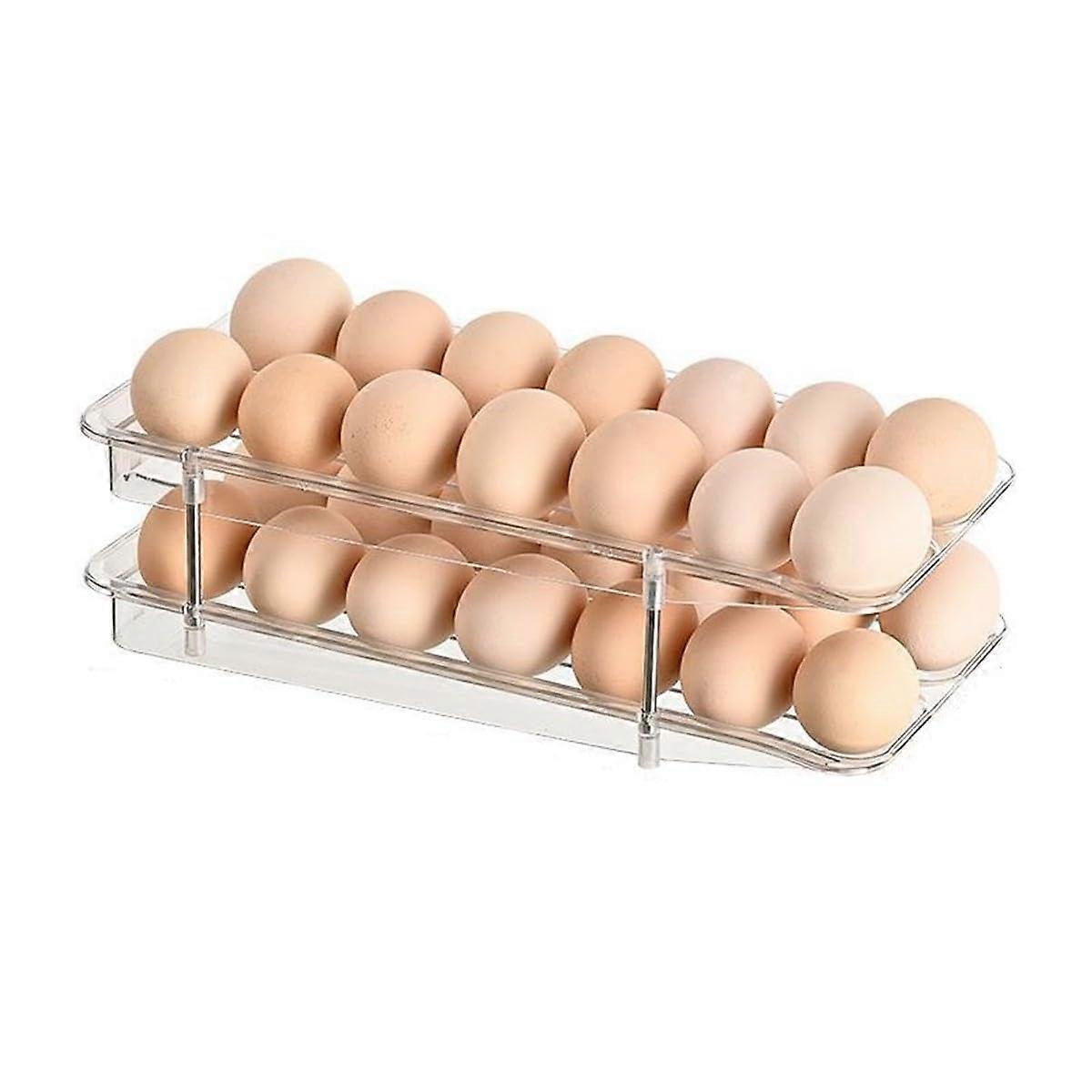 Transparent Egg Container with Ladder Design, 2-Tier Auto Rolling Storage Box for 12-14 Eggs, Refrigerator Organizer with See-Through Lid