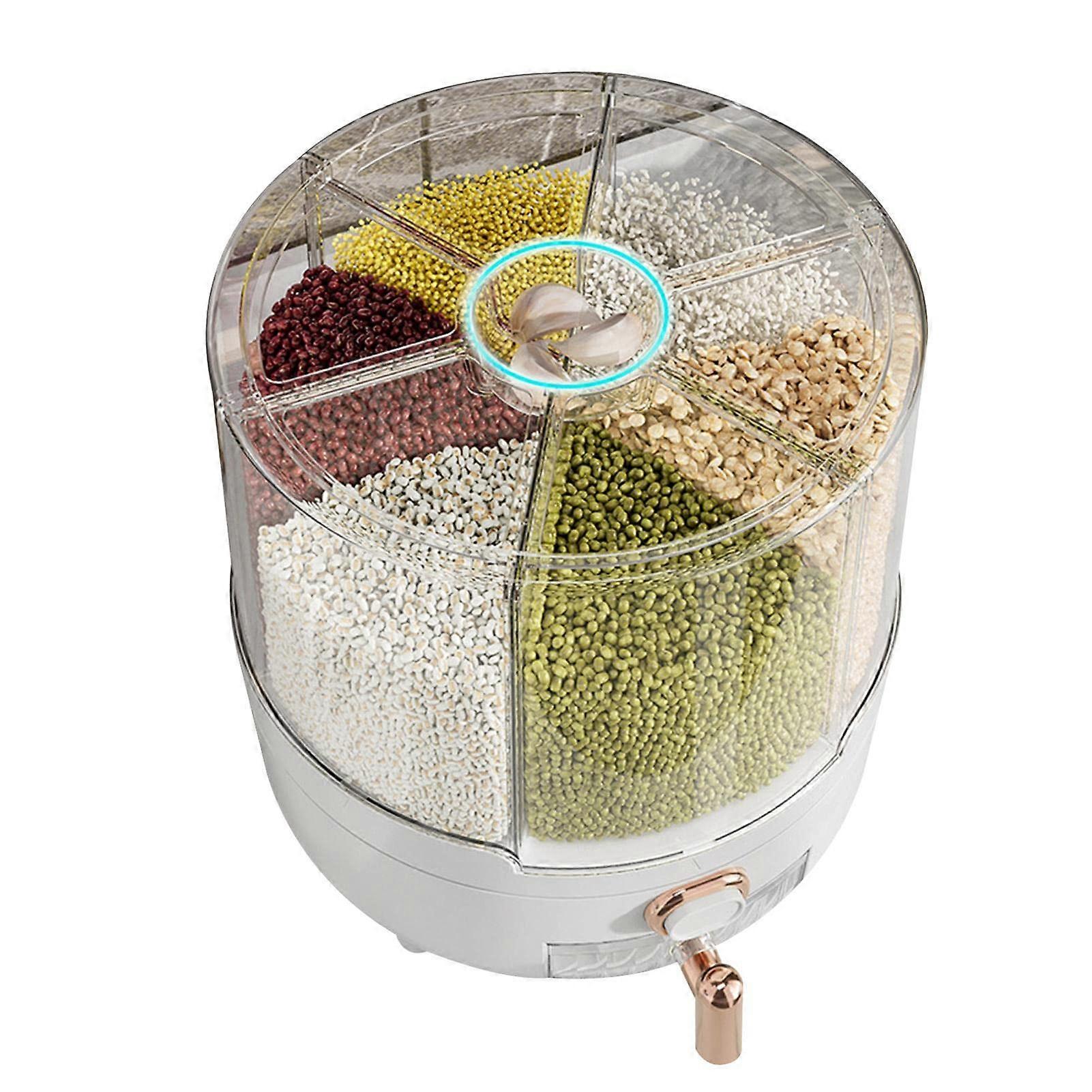 Rice Container - Transparent 360 Degree Rotatable Food Dispenser with Removable Lid and 6 Compartments for Kitchen Storage