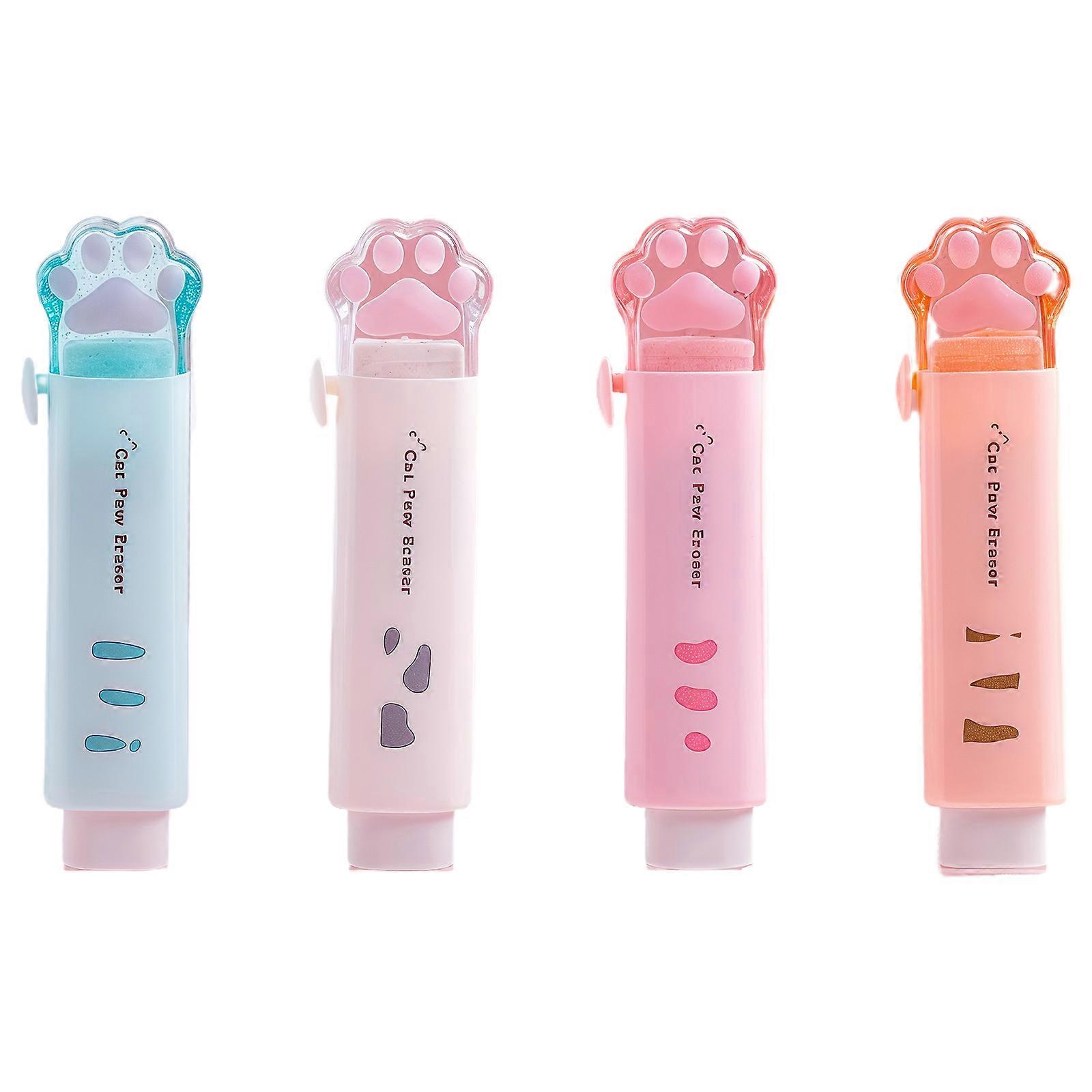 4Pcs Kitten Claw Retractable Rubber Pencil Erasers Refillable Push Pull Eraser For Children Student Classrooms Homework Multicolor
