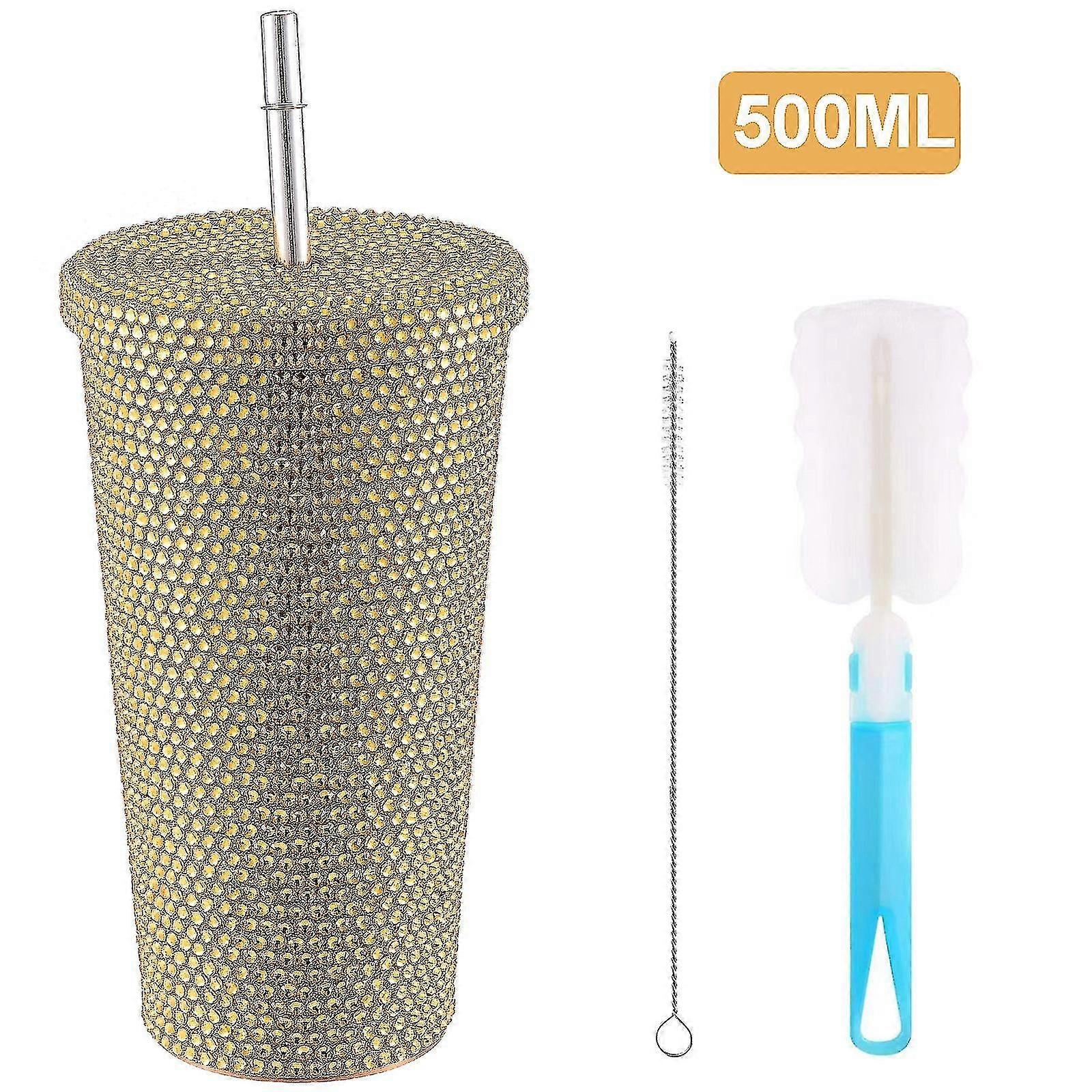 500ml / 17oz dubbad bling diamanttumlare glitter vattenflaska med lock rostfritt stål vakuum termisk halmtumlare strass tumlare borstar