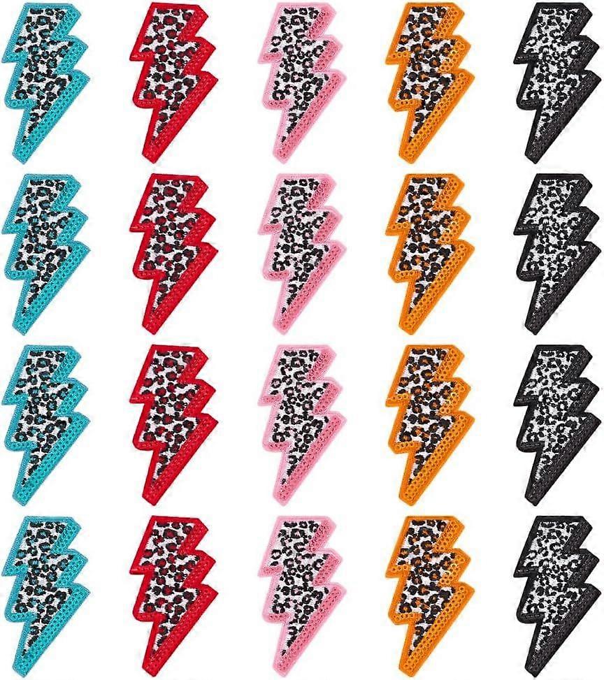 20Pcs Lightning Patches with Sequin Edges 5 Colors Lightning Leopard Print Chenille Bolt Iron on Patches Sewing Embroidered Applique for DIY Hats Bags