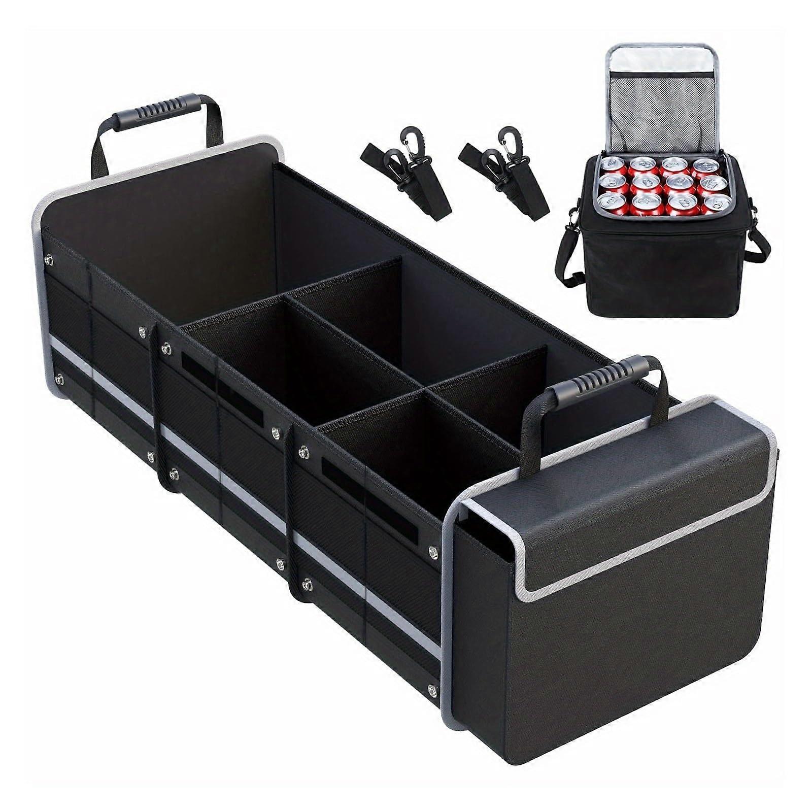 Collapsible Car Trunk Organizer with Insulated Leakproof Cooler, SUV Cargo Storage with Removable Dividers