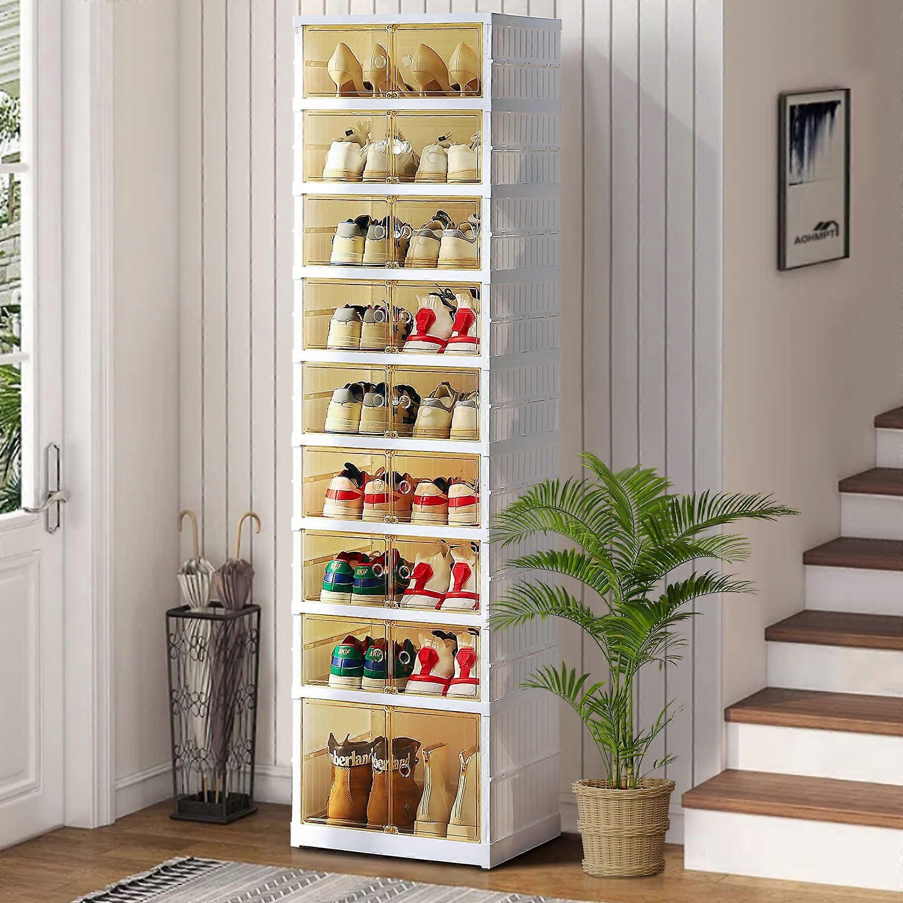 Foldable Plastic Shoe Storage Cabinet with Doors, Large 9Tier Stackable Shoe Organizer with Wheels