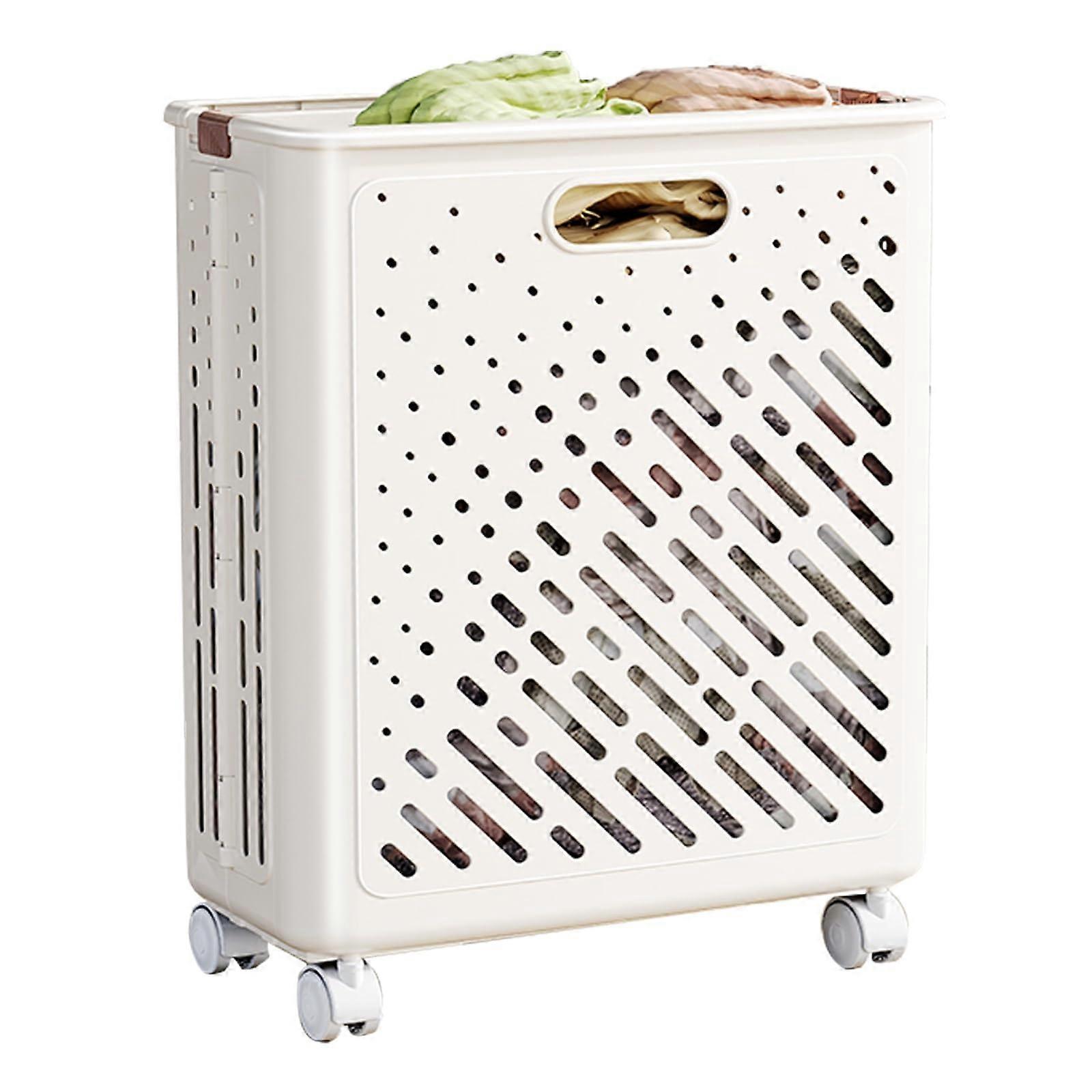 Large Foldable Laundry Basket with Wheels and Handle, Ventilated Plastic Hamper for Bedroom, White