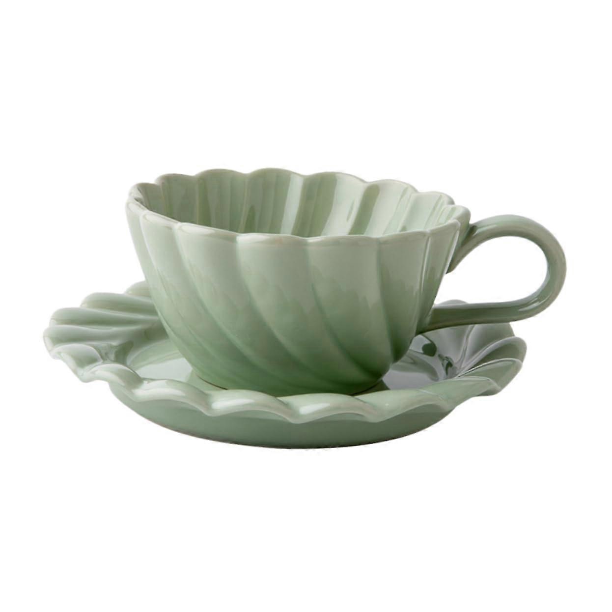 Ceramic Coffee Mug Set with Lids and Saucers, Elegant Spring Green Tea Cup Set for Breakfast