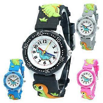 Montre pour enfants avec dinosaure à dessin animé, en quartz bleu, pour l'affichage de l'heure.