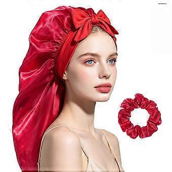 Satin Sleep Bonnet with Bow & Scrunchie Set, Red Hair Protection Cap