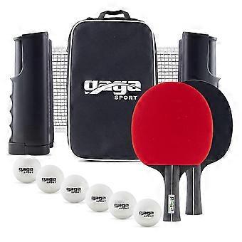 Uitschuifbare pingpongnetset, draagbaar, met 2 rackets en 6 ballen.