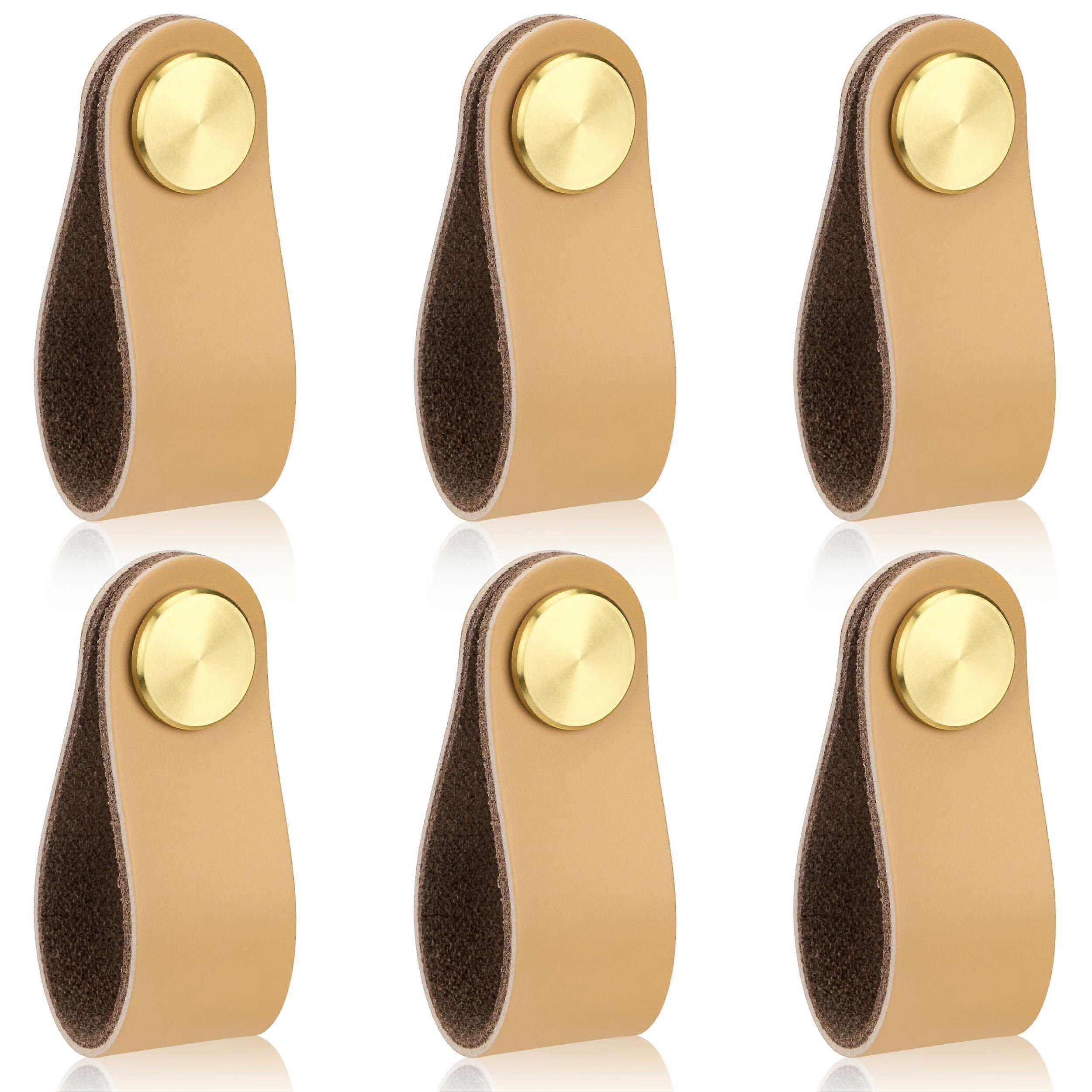 Leather Drawer Knobs Beige 6pcs, Single Hole Cabinet Handles, Durable Leather Pulls for Dresser