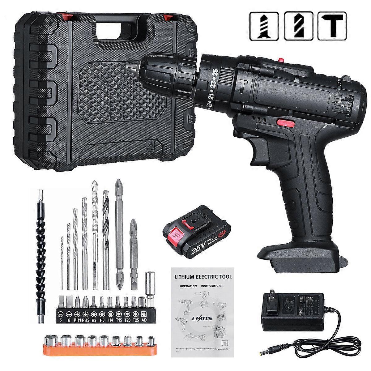 25V Cordless Electric Drill Bits Screwdriver Kit Handheld Power Tool + Battery