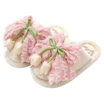 new_Fluffy Tulips Slippers Warm Fleeces Indoor House Shoes Anti-Skid Sole Indoor/Outdoor Gifts for Women Mom Ladies