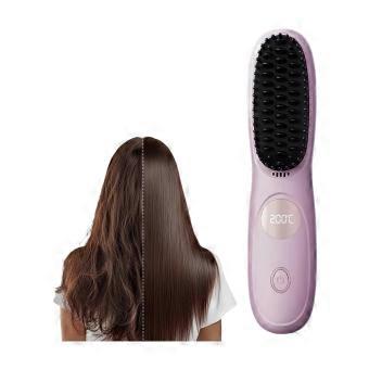 Cordless Hair Straightener Brush with LED Display, USB Fast Charging 2 in 1 Mini Travel Flat Iron Pink