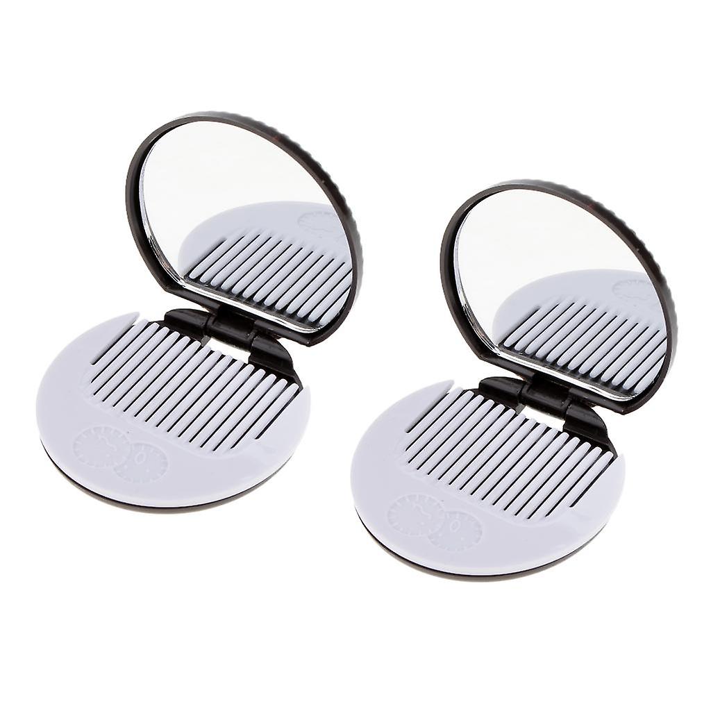 2 Round Folding Makeup Mirror Compact with Comb Pocket Biscuit Size Cute Coffee
