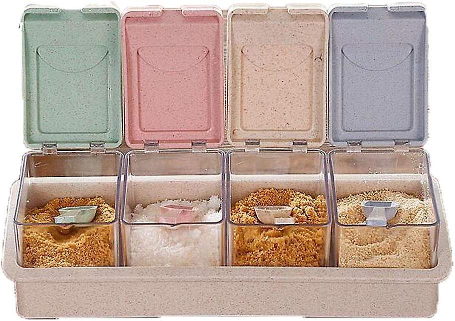 1 set with 4 lattice kitchen spice jars Square spice jars with four small spoons Kitchen plastic spi