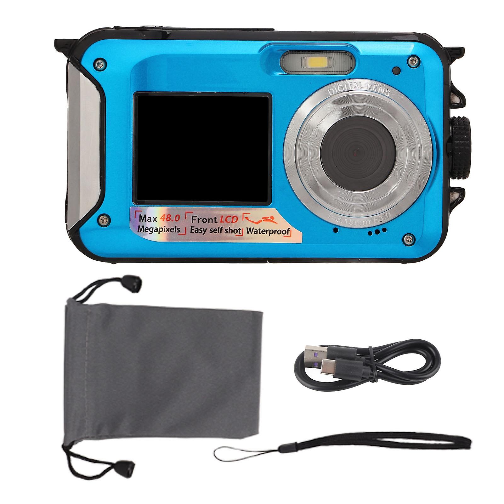 Full HD 2.7K 48MP 10ft Waterproof Underwater Digital Camera 16X Digital Zoom Front Rear Double Screens Waterproof Digital Camera Blue