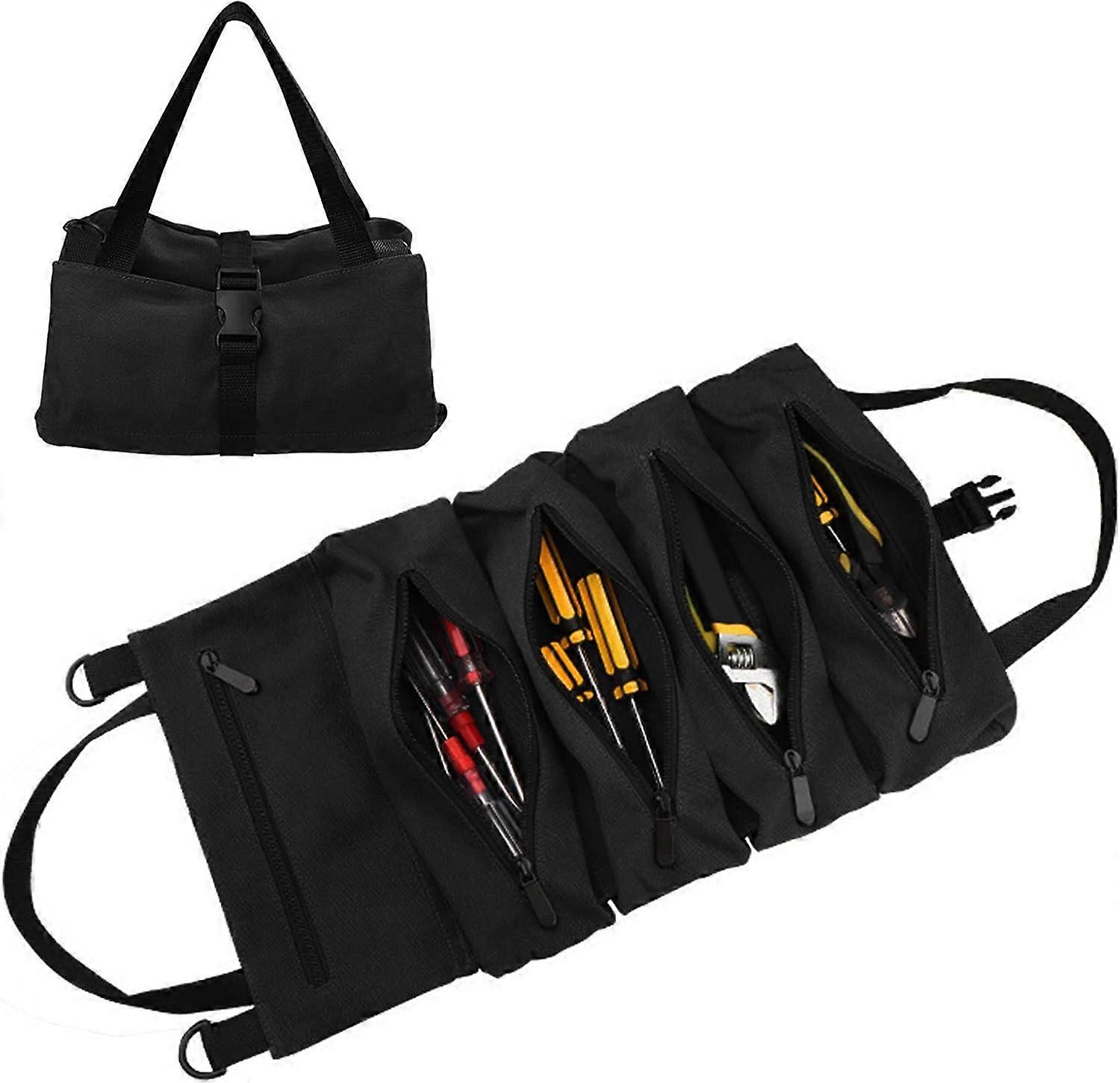 Tool bag, compact roll-up tool pouch with 5 zipped pockets, key pouch, oilcloth tool organiser bucket