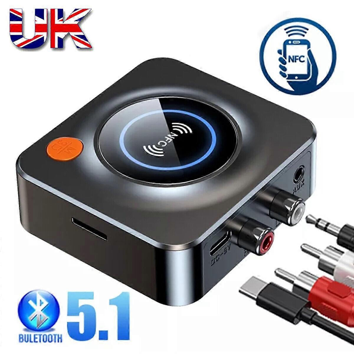 Wireless Bluetooth 5.1 Receiver 3.5mm AUX NFC to 2RCA Jack Audio Stereo Adapter