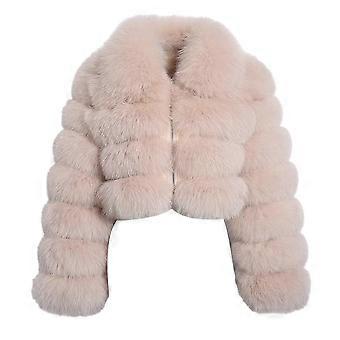 Women Winter Turn Down Collar Long Sleeve Zipper Faux Fur Short Coat Jacket