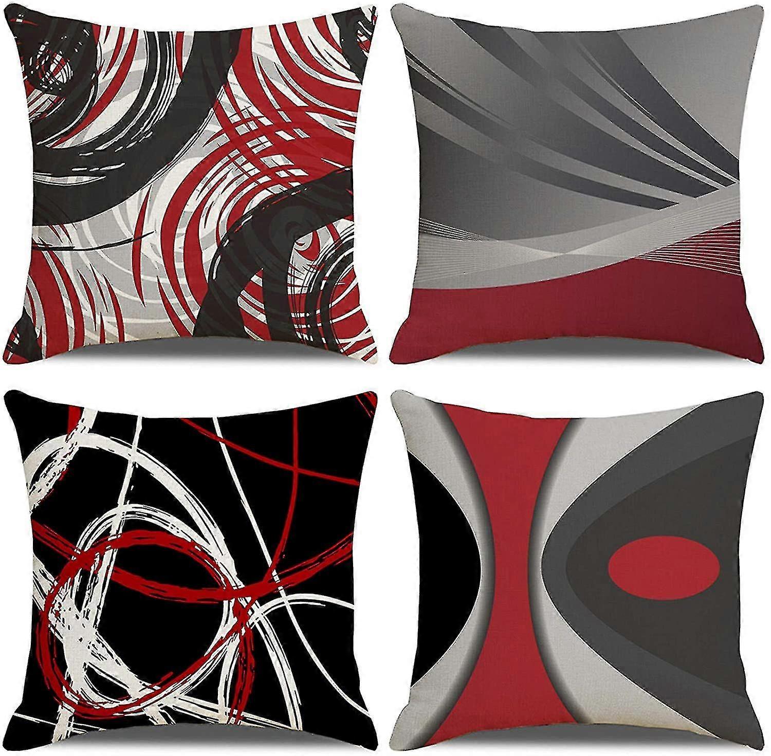 حزمة من 4 أغطية وسادة 18x18 بوصة، الحديثة تجريدية خطوط حمراء نمط القطن
