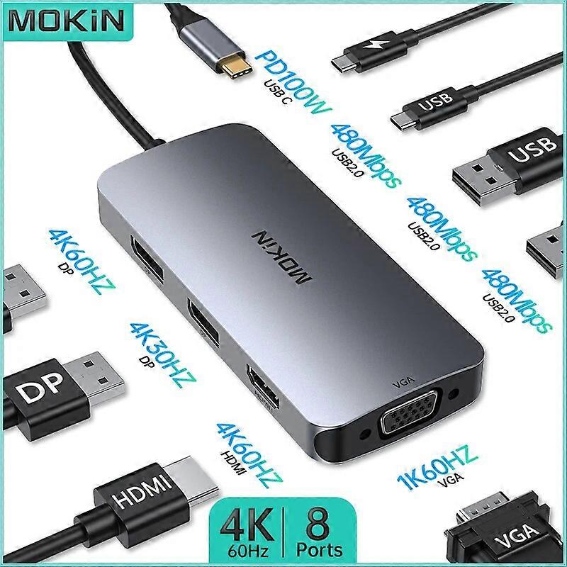 MOKiN 8 in 1 Docking Station for MacBook Air Pro iPad Thunderbolt Laptop USB2.0 Type C 3.0 HDMI 4K60Hz DP 4K30Hz PD 100W