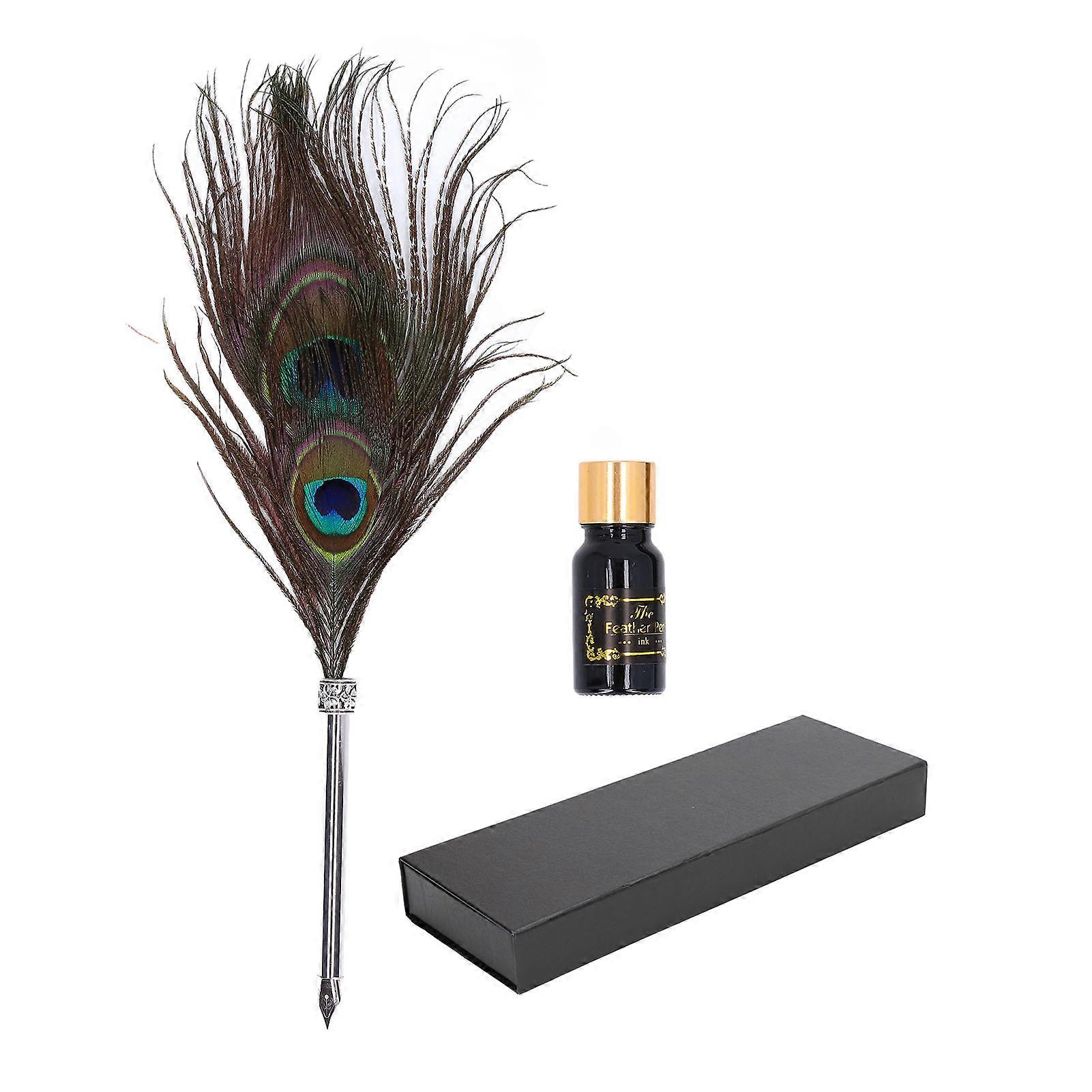 Quill Pen Set Double Peacock Feather Design Retro Style Metal Nib Calligraphy Pen with Empty Ink Bottle